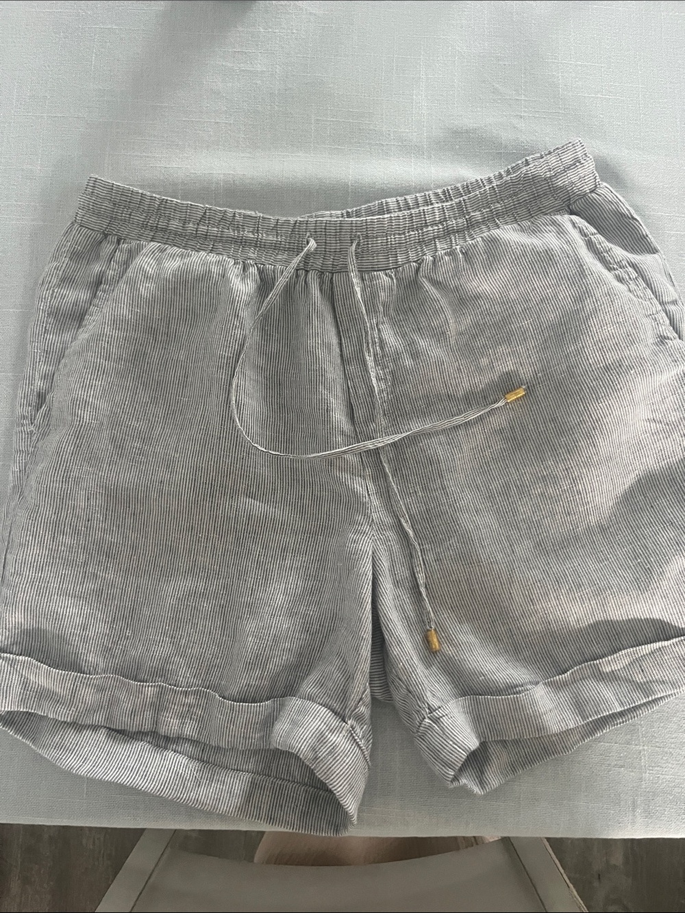 Ellen Tracy Gray Pinstripe Linen-Blend Drawstring Shorts